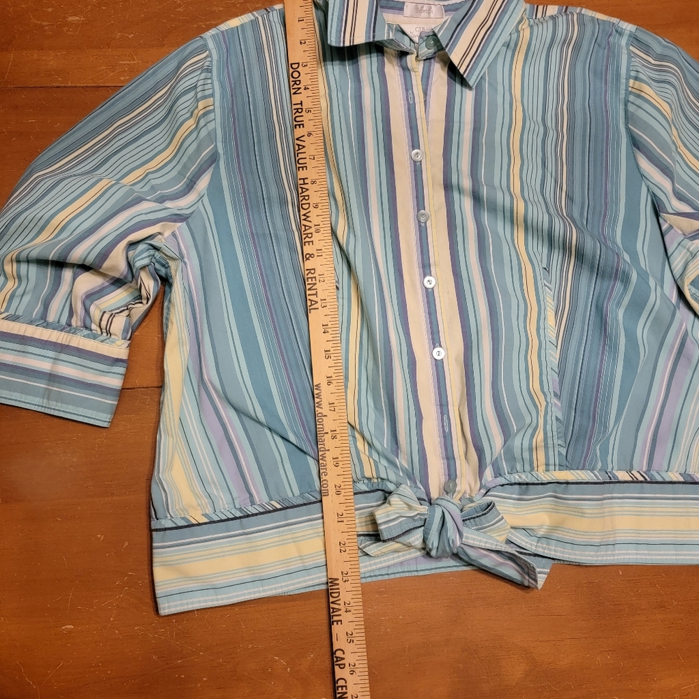 CJ Banks Turquoise, Yellow Stripe Button Down Tie Hem Blouse Plus Size 2X - Picture 8 of 12
